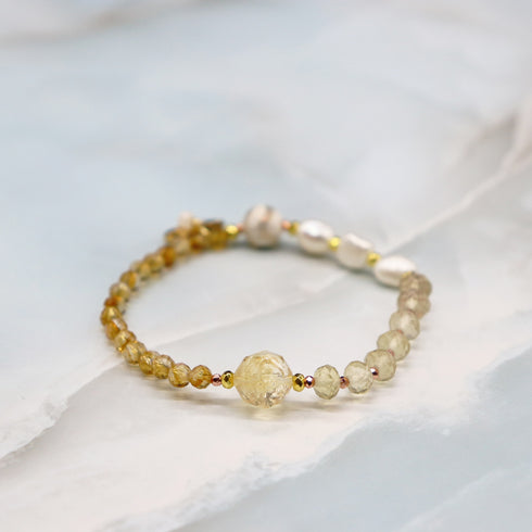 【如蜜糖般甜蜜】水波纹天珠、黄水晶、巴洛克珍珠、柠檬石英手链