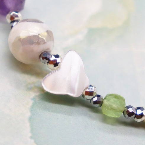 【绿光阳光】水波纹天珠 x 橄榄石 x 薰衣草紫水晶 x 珍珠母贝手链