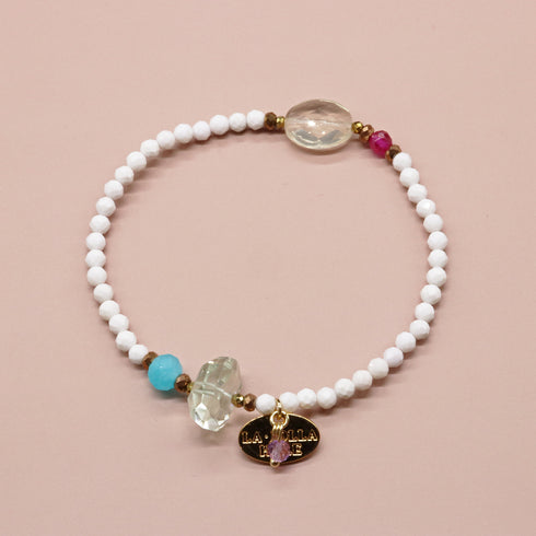 绯红火焰合成红宝石、绿紫水晶、柠檬石英和白玛瑙手链