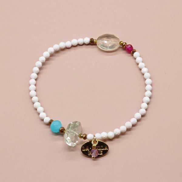 绯红火焰合成红宝石、绿紫水晶、柠檬石英和白玛瑙手链