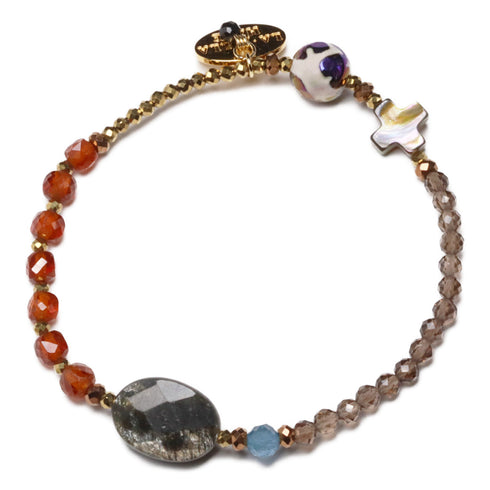 【La・Fall Marrón】亀甲天珠×オレンジガーネット×モスコバイト×アバロニシェル×スモーキークォーツ ブレスレット