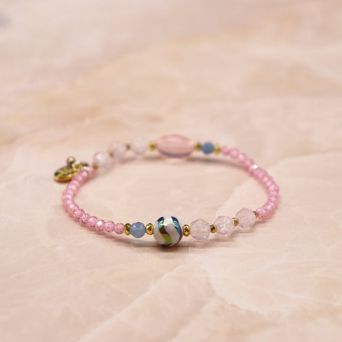 【盛开的粉色玫瑰】水波纹天珠 x 粉晶 x 锆石 x 海蓝宝石手链