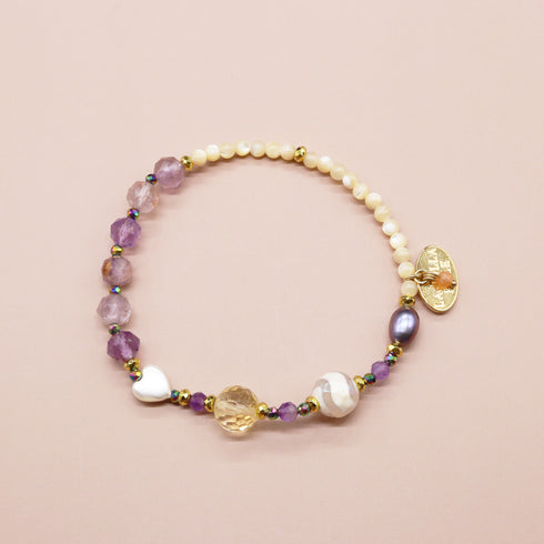 【美人鱼泪珠】水波纹天珠 x 珍珠 x 黄水晶 x 花园紫水晶手链