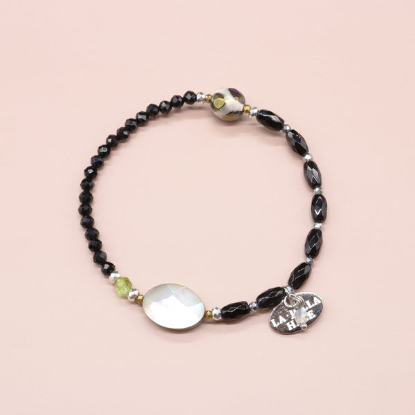 【绿光阳光】玳瑁天珠 x 橄榄石 x 缟玛瑙 x 黑贝壳手链