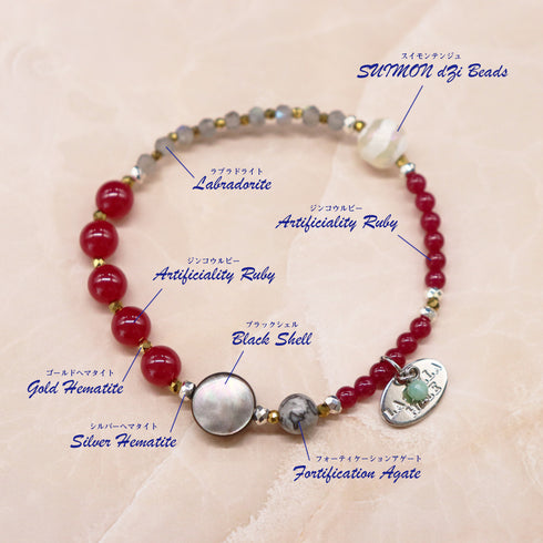 【Flames of Crimson】水紋天珠×人工ルビー×ラブラドライト×ブラックシェル ブレスレット