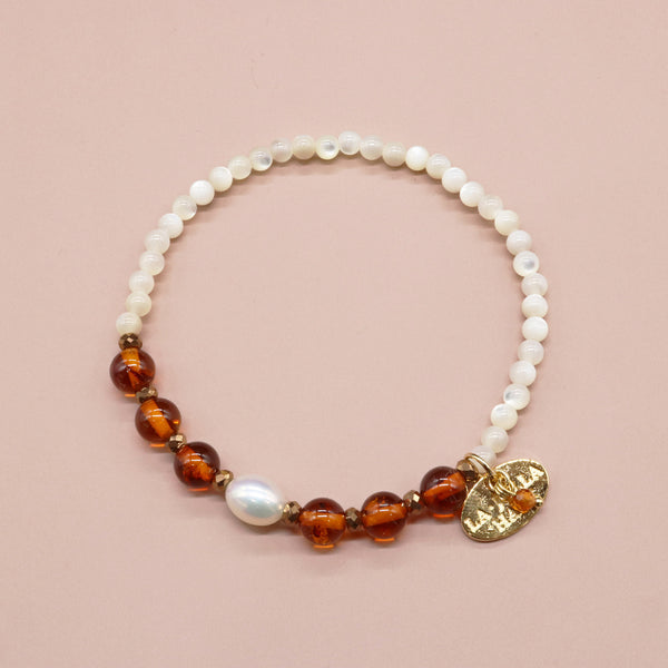 【Mermaid Teardrops】パール×アンバー×ホワイトシェル ブレスレット