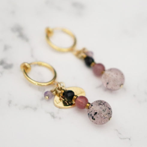 【・MA・YO・KE・】マイカインローズクォーツ×オニキス×ローズクォーツ イヤリング