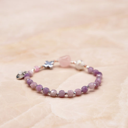 【盛开的粉色玫瑰】水波纹天珠 x 粉晶 x 锂云母手链