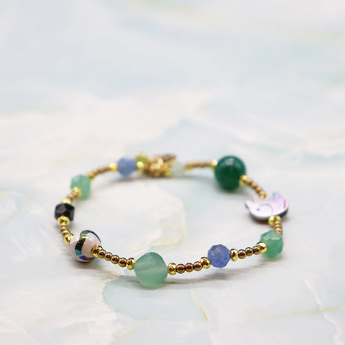 【Longing for Jaipur】水紋天珠×グリーンアベンチュリン×ブラックシェル ブレスレット