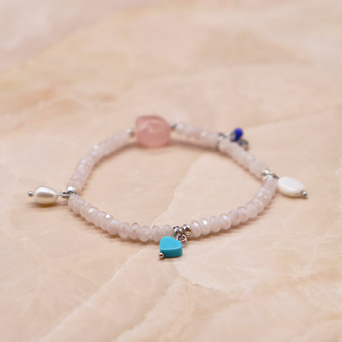 【Blooming Pink Roses】ローズクォーツ×パール×マグネサイトターコイズ ブレスレット