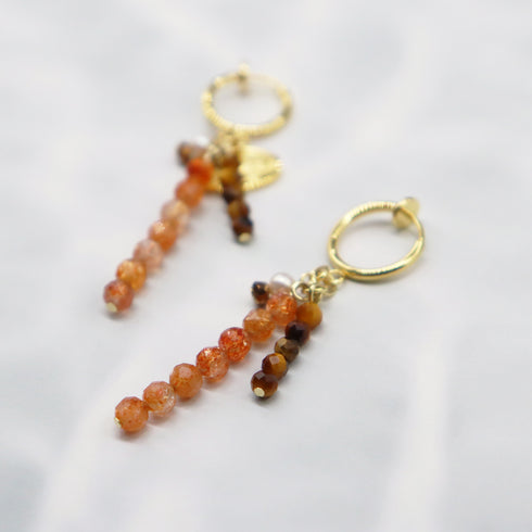 【美人鱼泪珠】珍珠、太阳石和虎眼石耳环