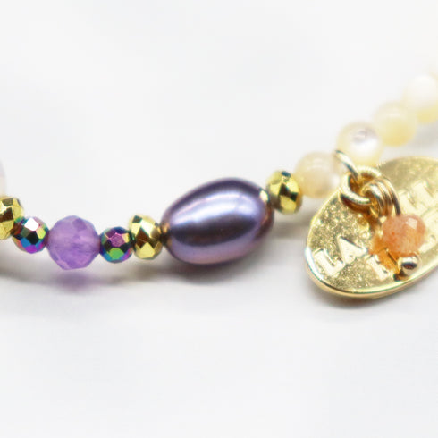【美人鱼泪珠】水波纹天珠 x 珍珠 x 黄水晶 x 花园紫水晶手链