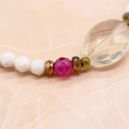 绯红火焰合成红宝石、绿紫水晶、柠檬石英和白玛瑙手链