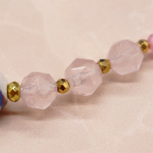 【盛开的粉色玫瑰】水波纹天珠 x 粉晶 x 锆石 x 海蓝宝石手链