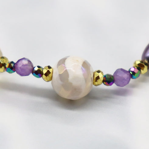 【美人鱼泪珠】水波纹天珠 x 珍珠 x 黄水晶 x 花园紫水晶手链