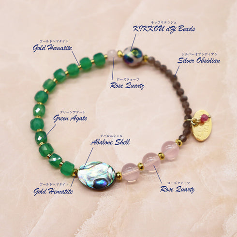 【Blooming Pink Roses】亀甲天珠×ローズクォーツ×アバロニシェル ブレスレット