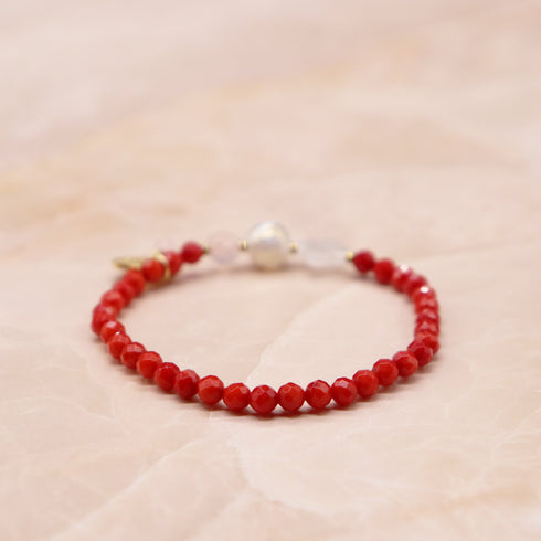 【Blooming Pink Roses】亀甲天珠×ローズクォーツ×コーラル×クォーツァイト ブレスレット