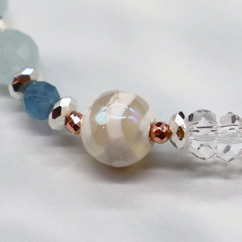 【Deep Sea Party】水紋天珠×アクアマリン×水晶×パール ブレスレット