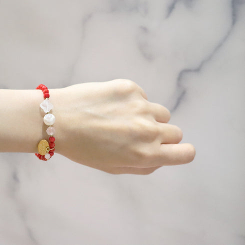 【Blooming Pink Roses】亀甲天珠×ローズクォーツ×コーラル×クォーツァイト ブレスレット