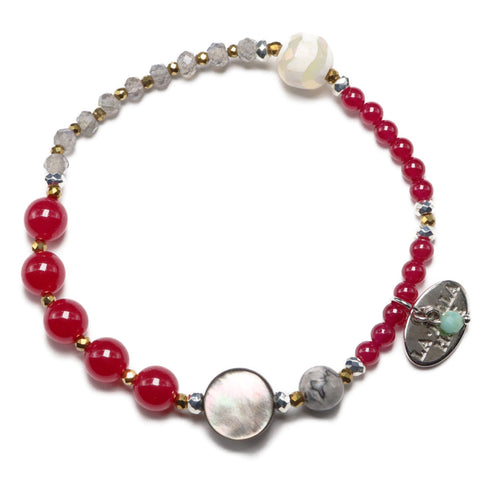 【Flames of Crimson】水紋天珠×人工ルビー×ラブラドライト×ブラックシェル ブレスレット