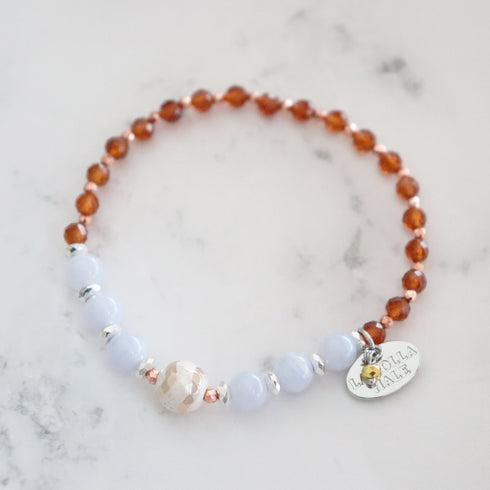 【Open the Jewelry Box!】水紋天珠×オレンジガーネット×ブルーレースアゲート ブレスレット