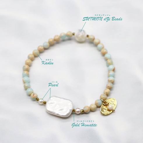 【Mermaid Teardrops】水紋天珠×パール×カオリン ブレスレット