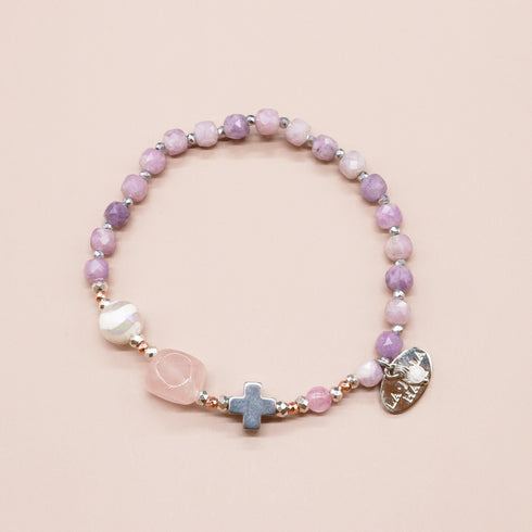 【盛开的粉色玫瑰】水波纹天珠 x 粉晶 x 锂云母手链