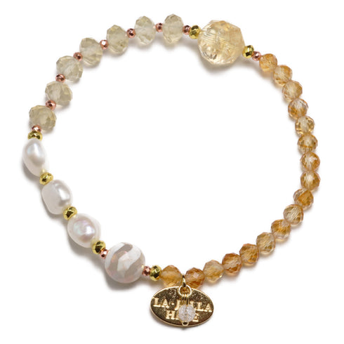 【如蜜糖般甜蜜】水波纹天珠、黄水晶、巴洛克珍珠、柠檬石英手链