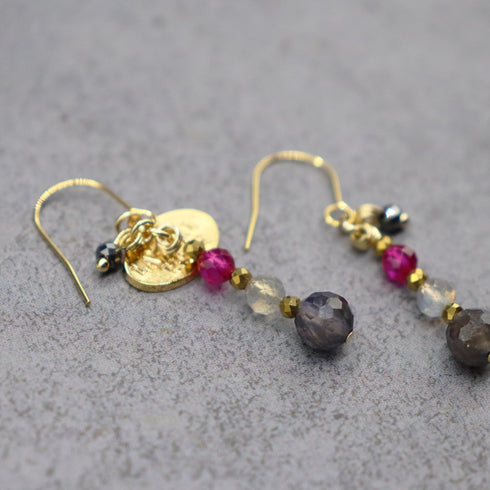 【绯红之焰】合成红宝石 x 拉长石 x 堇青石耳环