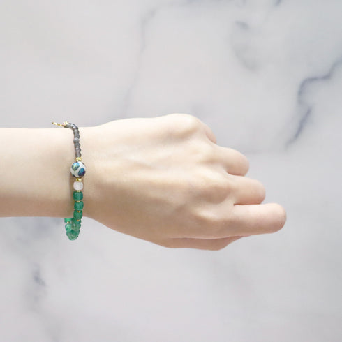 【Blooming Pink Roses】亀甲天珠×ローズクォーツ×アバロニシェル ブレスレット