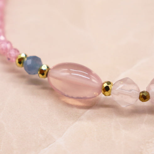 【盛开的粉色玫瑰】水波纹天珠 x 粉晶 x 锆石 x 海蓝宝石手链
