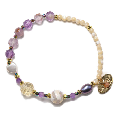 【美人鱼泪珠】水波纹天珠 x 珍珠 x 黄水晶 x 花园紫水晶手链