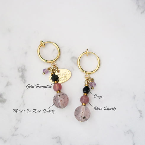 【・MA・YO・KE・】マイカインローズクォーツ×オニキス×ローズクォーツ イヤリング