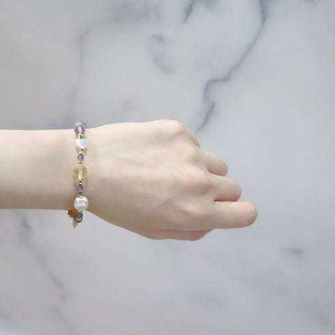 【美人鱼泪珠】水波纹天珠 x 珍珠 x 黄水晶 x 花园紫水晶手链