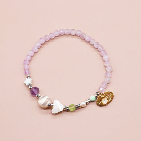 【绿光阳光】水波纹天珠 x 橄榄石 x 薰衣草紫水晶 x 珍珠母贝手链