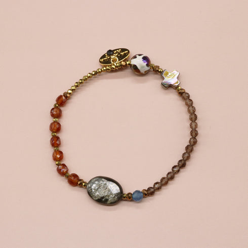 【La・Fall Marrón】亀甲天珠×オレンジガーネット×モスコバイト×アバロニシェル×スモーキークォーツ ブレスレット