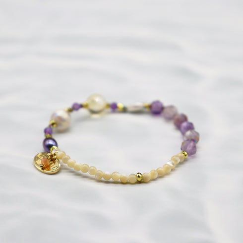 【美人鱼泪珠】水波纹天珠 x 珍珠 x 黄水晶 x 花园紫水晶手链