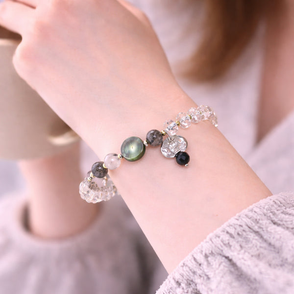 【Shining Like Stardust】水晶×トルマリンクォーツ×ブラックシェル ブレスレット