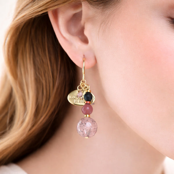 【・MA・YO・KE・】マイカインローズクォーツ×オニキス×ローズクォーツ ピアス