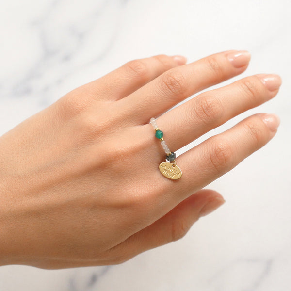 【Shining Like Stardust】クラック水晶×ラブラドライト×グリーンアゲート リング