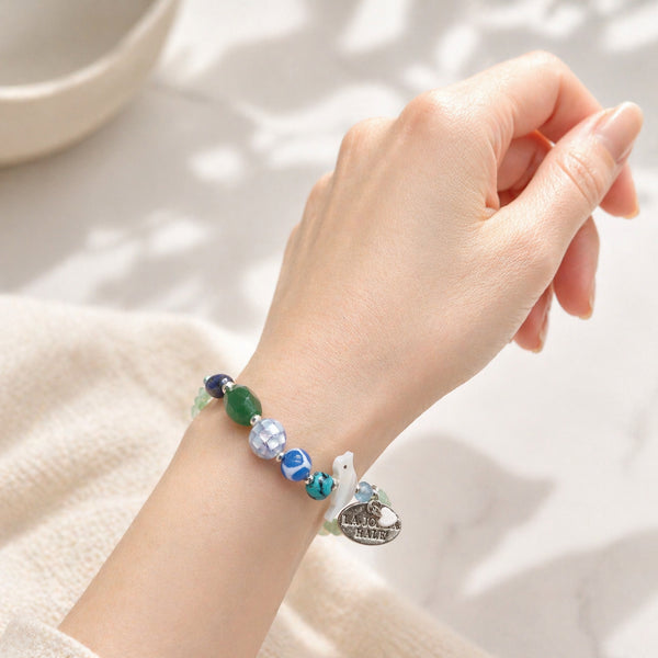 【Longing for Jaipur】Dzi Bead (Turtle Shell) x Green Aventurine x Pressed Shell Bracelet