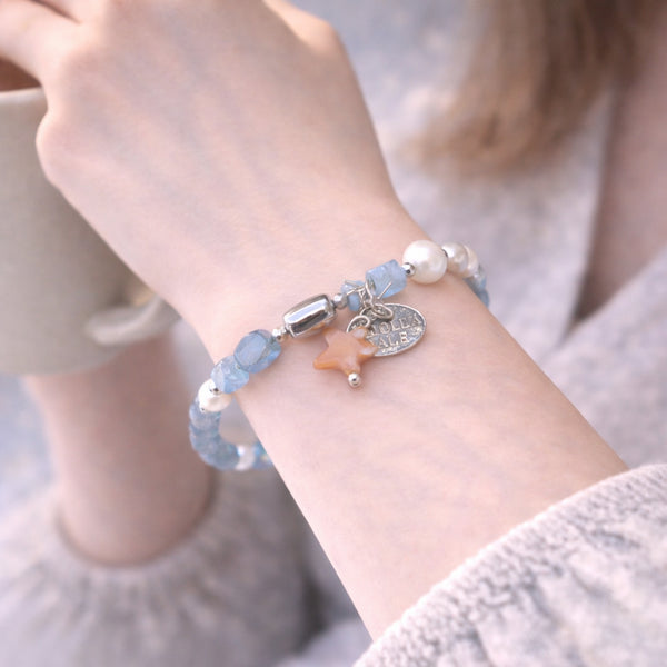 【Deep Sea Party】亀甲天珠×アクアマリン×クラック水晶 ブレスレット