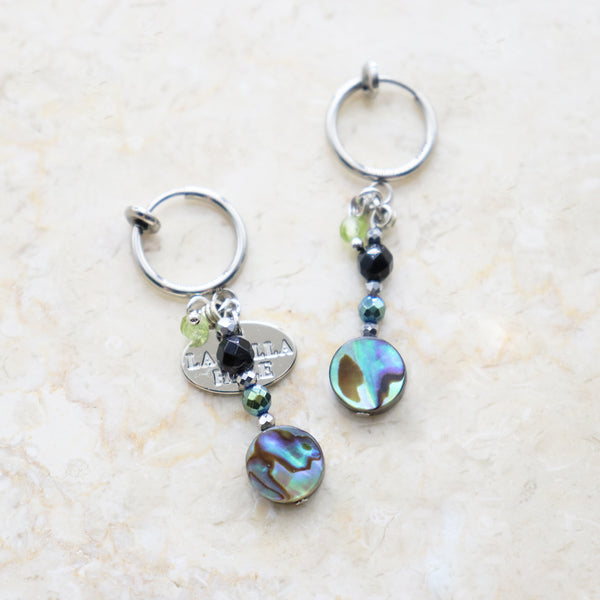 Abalone shell, onyx, and light blue hematite earrings