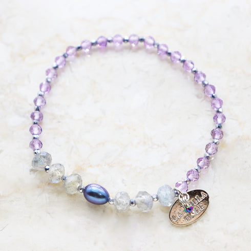 珍珠、拉长石和粉色紫水晶手链