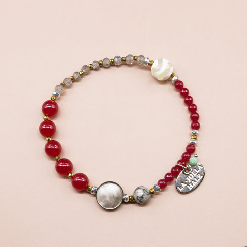 【Flames of Crimson】水紋天珠×人工ルビー×ラブラドライト×ブラックシェル ブレスレット