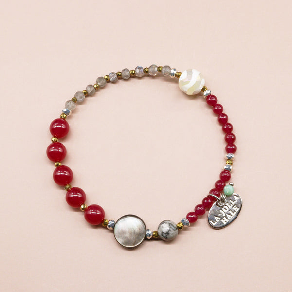 【绯红之焰】水波纹天珠、人造红宝石、拉长石和黑贝壳手链