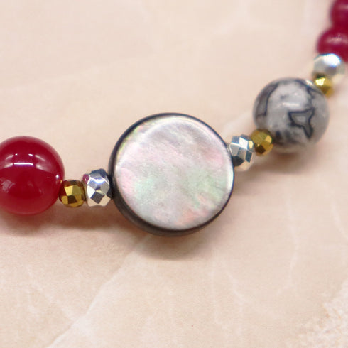 【Flames of Crimson】水紋天珠×人工ルビー×ラブラドライト×ブラックシェル ブレスレット