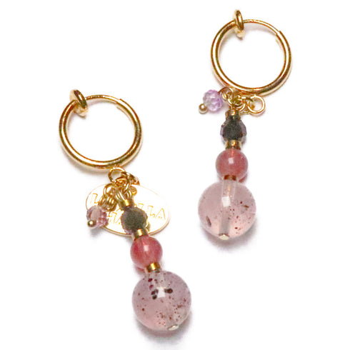 【・MA・YO・KE・】マイカインローズクォーツ×オニキス×ローズクォーツ イヤリング