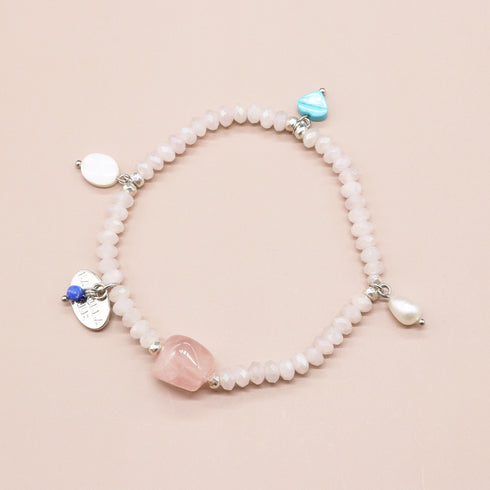 【Blooming Pink Roses】ローズクォーツ×パール×マグネサイトターコイズ ブレスレット