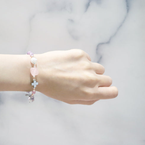 【盛开的粉色玫瑰】水波纹天珠 x 粉晶 x 锂云母手链
